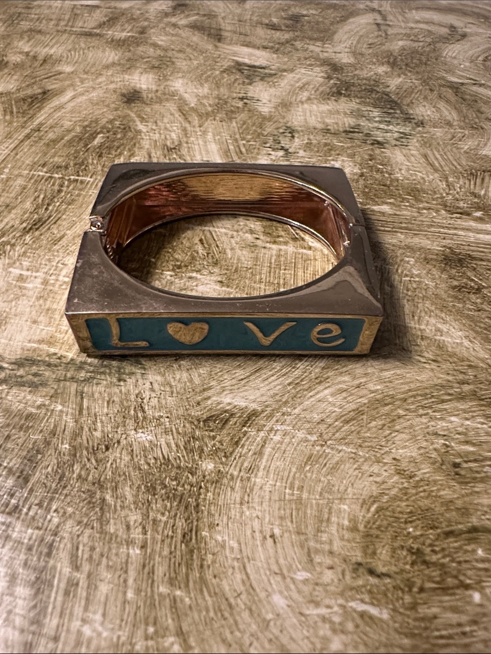 Silver-Tone Teal "Love" Square Bangle Bracelet